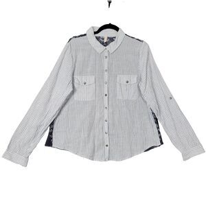 FREE PEOPLE Blue Striped Button Up Sheer Floral Back Top SIZE MEDIUM